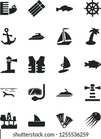 Solid Black Vector Icon Set - anchor vector, small fish, commercial seaport, lighthouse, coastal, sail boat, hotel, beach, palm tree, flippers, diving mask, handwheel, life vest, jet ski, shark fin