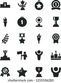 Solid Black Vector Icon Set - star vector, pedestal, flame torch, winner, laurel branch, podium, award, cup, gold, medal, man hold flag, first place, with pennant, ribbon, hero, hands up