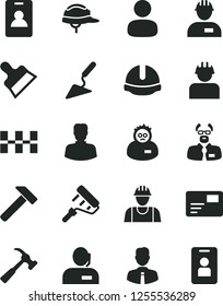 Solid Black Vector Icon Set - builder vector, workman, building trowel, paint roller, ceramic tiles, construction helmet, putty knife, hammer, with claw, employee, pass card, woman, man, dispatcher