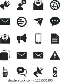 Solid Black Vector Icon Set - warning vector, scribbled paper, envelope, received letter, speech, smartphone, megaphone, copy, loudspeaker, mobile phone, network, mail, dialog, plane, money