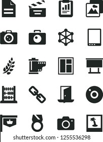 Solid Black Vector Icon Set - camera vector, scribbled paper, spectacles, roll, movie cracker, abacus, window, picture, vintage sign, billboard, statistical report, tablet pc, 3d cube, laurel branch