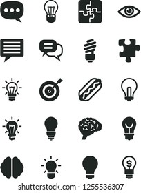 Solid Black Vector Icon Set - image of thought vector, matte light bulb, incandescent lamp, Puzzle, Puzzles, saving, eye, Hot Dog, speech, brain, target, dialog, idea