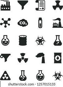 Solid Black Vector Icon Set - round flask vector, manufacture, factory, oil, barrel, industrial building, radiation, carbon dyoxide, filter, water, research article, test tube, molecule, nuclear