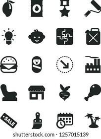 Solid Black Vector Icon Set - Baby chair vector, roly poly doll, children's hairdo, Puzzles, new roller, plastic brush, right bottom arrow, big burger, chicken leg, mango, beet, oil, canister, kiosk