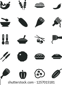 Solid Black Vector Icon Set - deep plate with a spoon vector, iron fork spoons, fried vegetables on sticks, onion, spaghetti, noodles, pie, apple, bowl of buckwheat porridge, chicken thigh, barbecue