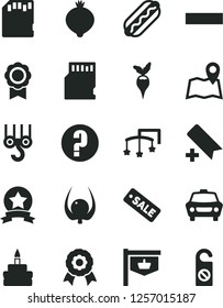 Solid Black Vector Icon Set - add bookmark vector, minus, question, toys over the cot, winch hook, car, Hot Dog, birthday cake, medlar, physalis, radish, vintage sign, season sale, sd card, medal