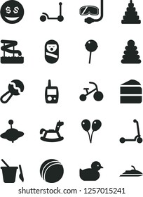 Solid Black Vector Icon Set - beanbag vector, baby duckling, bath ball, stacking rings, toy, roly poly doll, mobile phone, children's sand set, yule, rocking horse, colored air balloons, tricycle
