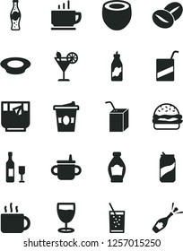 Solid Black Vector Icon Set - mug for feeding vector, e, packing of juice with a straw, coffee, burger, plate milk, beans, cup tea, coffe to go, glass soda, cocktail, can, bottle, liquor, wine