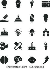 Solid Black Vector Icon Set - matte light bulb vector, children's hairdo, box of bricks, cake, birthday, brickwork, saving, writing accessories, drawing, honeycombs, brain, flame torch, arrow up