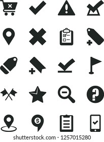 Solid Black Vector Icon Set - warning vector, add bookmark, zoom out, check mark, cross, label, pennant, question, star, crossed cart, survey, location, geolocation, clipboard, flags, vote, confirm