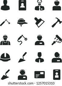 Solid Black Vector Icon Set - builder vector, workman, trowel, building, paint roller, construction helmet, putty knife, hammer with claw, employee, pass card, operator, welding, gas, woman, access