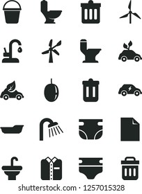 Solid Black Vector Icon Set - clean sheet of paper vector, diaper, nappy, bath, bucket, washbasin, toilet, comfortable, shower, kitchen faucet, dust bin, folded shirt, passion fruit, windmill, trash