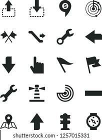 Solid Black Vector Icon Set - upward direction vector, downward, left, wind indicator, minus, index finger, map, flag, move up, down, lighthouse, repair, radar, cross flags, dollar pin, escalator