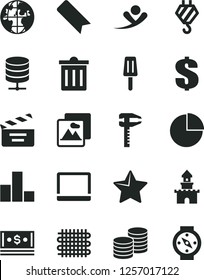 Solid Black Vector Icon Set - bin vector, bookmark, dollar, movie cracker, pie chart, bar, hook, star, picture, big data server, coins, popsicle, weaving, calipers, planet, cash, notebook pc