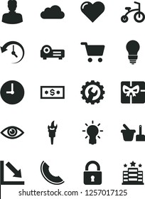 Solid Black Vector Icon Set - negative chart vector, toy sand set, child bicycle, bulb, gear, wall clock, lock, heart, eye, slice of melon, shopping cart, woman, giftbox, projector, history, cloud