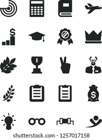 Solid Black Vector Icon Set - glasses vector, bulb, book, scientist, clipboard, calculator, radar, biology, resistor, laurel branch, award, graduate, medal, dollar pedestal, money bag, victory hand