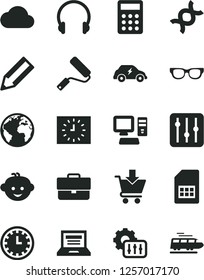 Solid Black Vector Icon Set - sign of the planet vector, laptop, briefcase, clock face, children's hairdo, new roller, headphones, regulator, put in cart, electric transport, SIM card, pencil, black