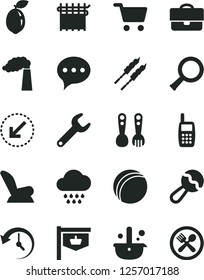 Solid Black Vector Icon Set - beanbag vector, car child seat, bath ball, cloud, plastic fork spoons, left bottom arrow, speech, barbecue, sour lime, manufacture, cloth industry, repair key, history
