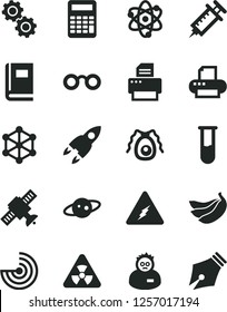 Solid Black Vector Icon Set - bananas vector, printer, test tube, electricity, atom, glasses, nuclear, gears, satellite, bactery, book, scientist, calculator, radar, saturn, rocket, syringe, 3d cube