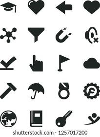 Solid Black Vector Icon Set - heart symbol vector, left direction, silent mode, pennant, key, star gear, hammer, index finger, umbrella, planet, magnet, filter, cloud, molecule, book, graduate hat