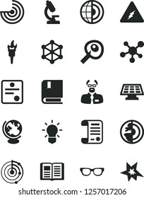 Solid Black Vector Icon Set - vector e, book, research article, microscope, molecule, electricity, glasses, bulb, globe, scientist, artifical insimination, radar, earth core, sun panel, patente