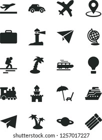 Solid Black Vector Icon Set - paper airplane vector, planet, retro car, coastal lighthouse, geolocation, globe, plane, sand castle, train, air balloon, backpacker, suitcase, departure, palm tree