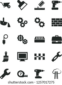 Solid Black Vector Icon Set - repair key vector, monitor window, brickwork, gears, building trolley, cordless drill, long meashuring tape, wooden paint brush, drawing, ceramic tiles, brick, plummet