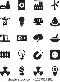 Solid Black Vector Icon Set - incandescent lamp vector, saving light bulb, power socket type b, new radiator, storm cloud, a bowl of buckwheat porridge, oil derrick, wind energy, pole, thermal plant