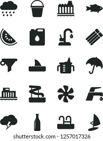 Solid Black Vector Icon Set - measuring cup for feeding vector, rainy cloud, bucket, faucet mixer, kitchen, umbrella, storm, fish, slice of water melon, marine propeller, hydroelectric station, pool