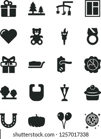 Solid Black Vector Icon Set - toys over the cradle vector, bib, teddy bear, colored air balloons, window, door knob, heart, gift, muffin, cake slice, squash, pumpkin, trees, forest, flame torch