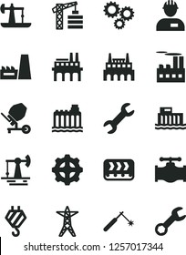 Solid Black Vector Icon Set - tower crane vector, workman, hook, concrete mixer, oil derrick, working, valve, hydroelectric station, hydroelectricity, power line, industrial building, thermal plant