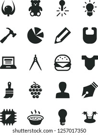 Solid Black Vector Icon Set - laptop vector, woman, bib, Child T shirt, small teddy bear, wooden paint brush, hammer with claw, big burger, porridge in a saucepan, large grape, physalis, light bulb