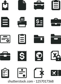 Solid Black Vector Icon Set - upload archive data vector, folder bookmark, portfolio, suitcase, delete page, survey, article on the dollar, financial item, encrypting, printer, file, clipboard