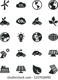 Solid Black Vector Icon Set - sign of the planet vector, solar panel, big, leaves, leaf, wind energy, Earth, hydroelectric station, eco car, environmentally friendly transport, electric, CO2, globe