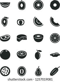 Solid Black Vector Icon Set - cheese vector, pizza, slices of onion, bacon, slice melon, water, half mango, delicious plum, lemon, kiwi, orange, pineapple, grapefruit, part guava, tomato, cucumber