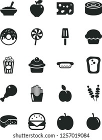 Solid Black Vector Icon Set - piece of cheese vector, canned goods, fried vegetables on sticks, mini hot dog, big burger, cake, muffin, glazed with a hole, bowl buckwheat porridge, chicken leg, red