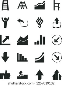 Solid Black Vector Icon Set - upward direction vector, downward, line chart, growth, positive histogram, a chair for feeding, hook, stepladder, ladder, left bottom arrow, thumb up, move, right, bar