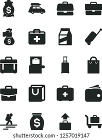 Solid Black Vector Icon Set - briefcase vector, first aid kit, medical bag, case, suitcase, with handles, package, wallet, money, hand, car baggage, backpacker, rolling, scanner