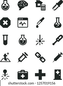 Solid Black Vector Icon Set - mark of injury vector, spectacles, first aid kit, plus, electronic thermometer e, estimate, temperature, cardiogram, round flask, mercury, outdoor, test tube, brain