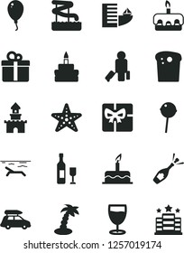 Solid Black Vector Icon Set - balloon vector, cake, gift, Easter, torte, birthday, Chupa Chups, glass, giftbox, sand castle, wine, champagne, car baggage, passenger, hotel, beach, palm tree
