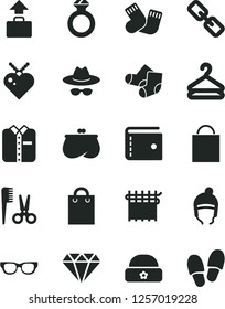 Solid Black Vector Icon Set - paper bag vector, purse, spectacles, hat with glasses, accessories for a hairstyle, warm socks, Knitted, winter, folded shirt, hanger, cloth industry, diamond, ring