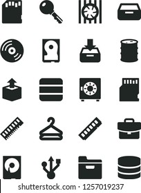 Solid Black Vector Icon Set - key vector, CD, folder, suitcase, put in a box, drawer, strongbox, hanger, unpacking, barrel, radiator fan, memory, hdd, usb, sd card, big data