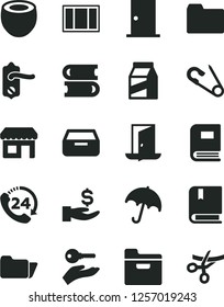 Solid Black Vector Icon Set - folder vector, open pin, e, books, window frame, door knob, ntrance, umbrella, drawer, 24, package, half of coconut, kiosk, get a wage, book, arm with key, exit