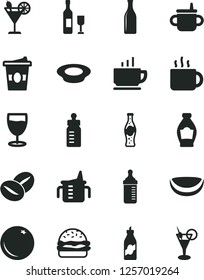 Solid Black Vector Icon Set - mug for feeding vector, measuring cup, bottle, coffee, burger, a plate of milk, beans, tea, coffe to go, cocktail, glass, soda, orange, liquor, piece coconut, wine