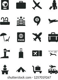 Solid Black Vector Icon Set - case vector, passport, coastal lighthouse, sand castle, dollar pin, plane, passenger, suitcase, rolling, ticket, tent, beach, arnchair under umbrella, pool, baggage