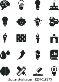Solid Black Vector Icon Set - children's hairdo vector, box of bricks, cake, brickwork, bulb, writing accessories, drawing, honeycombs, light, drop, energy saving, book on statistics, brain, idea