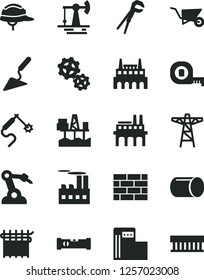 Solid Black Vector Icon Set - brickwork vector, building trolley, trowel, adjustable wrench, measuring tape, construction level, helmet, commercial seaport, working oil derrick, modern gas station