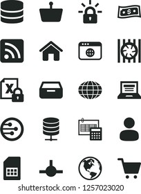 Solid Black Vector Icon Set - laptop vector, rss feed, house, calculation, big data server, drawer, SIM card, shopping basket, man, globe, radiator fan, encrypting, network, browser, connect, dollar