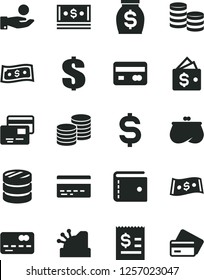 Solid Black Vector Icon Set - bank card vector, purse, dollar, cards, coins, reverse side of a, front the, column, denomination, article on, catch coin, money, cash, cashbox, wallet, credit
