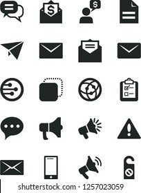 Solid Black Vector Icon Set - warning vector, scribbled paper, envelope, received letter, speech, smartphone, survey, megaphone, copy, loudspeaker, network, mail, dialog, plane, money